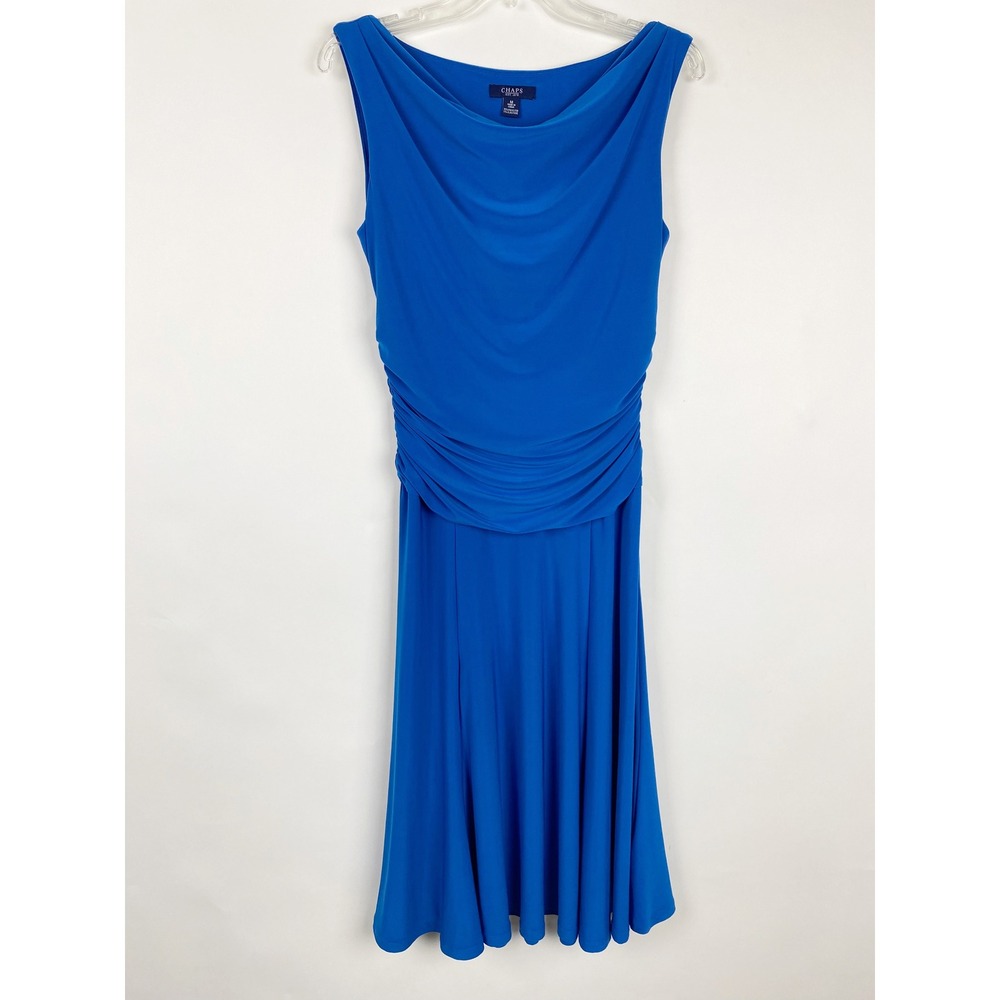 Chaps Ruched Cowl Neck Sleeveless Midi‎ Sheath Dress Womens M Blue Slimming